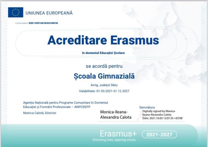 Acreditare Erasmus+ in domeniul educatiei scolare -Scoala Gimnaziala Avrig
